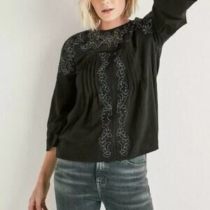 Lucky Brand Floral Cut Out Peasant Boho Top Blouse XS Black Bell Sleeve Tie Back